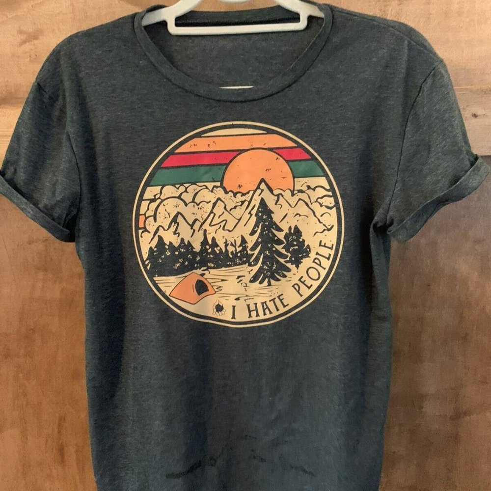 Camping I Hate People Vintage Graphic Funny Gift T Shirt Grey Cotton Small